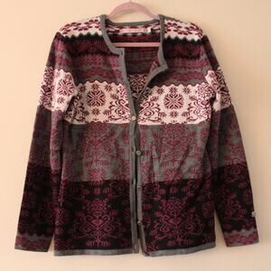 Obermeyer Merino Wool Cardigan Sweater Purple Gray Snowflake Stripe Nordic L